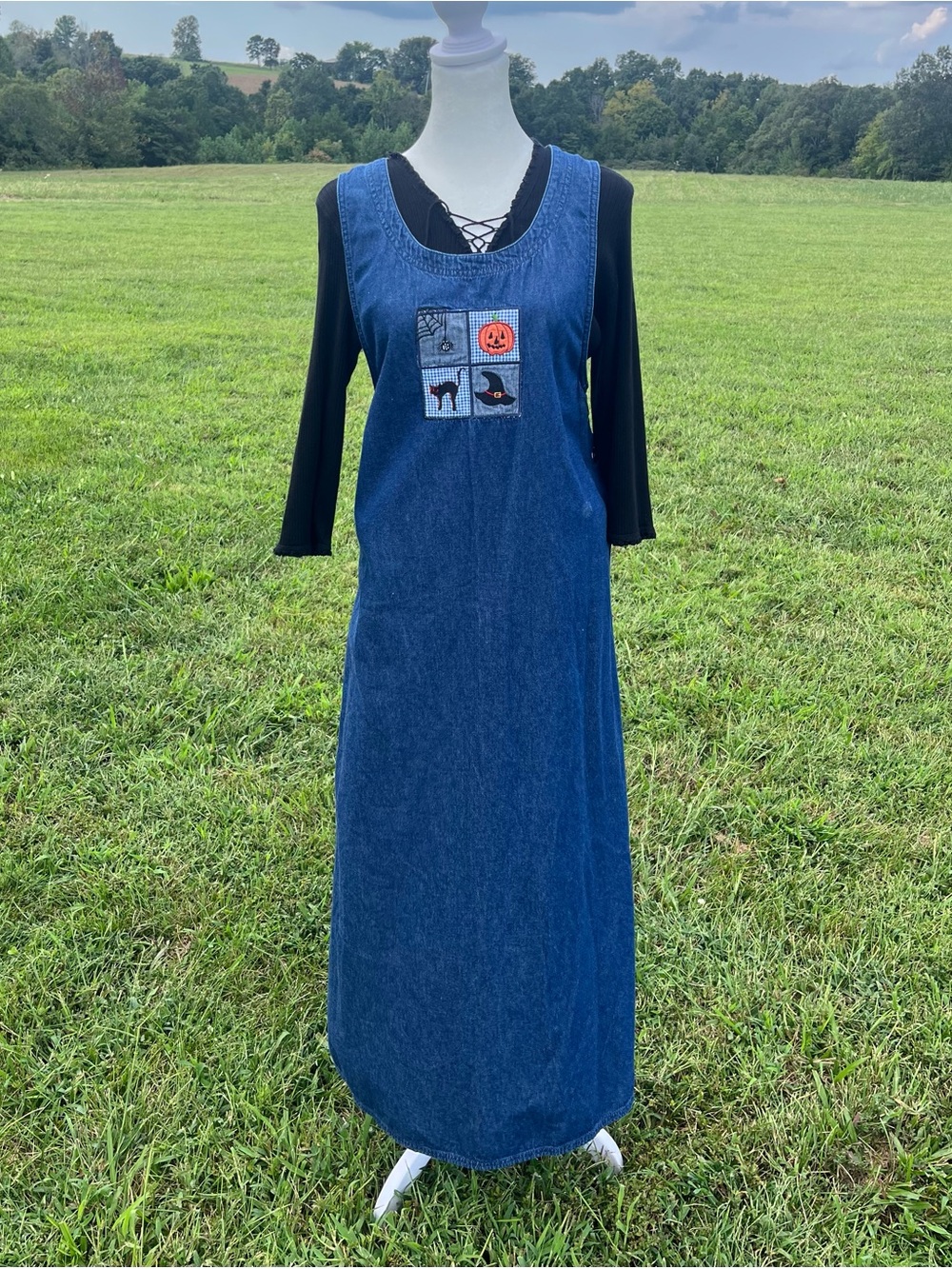 Embroidered Halloween denim maxi dress vintage wmns L cottagecore